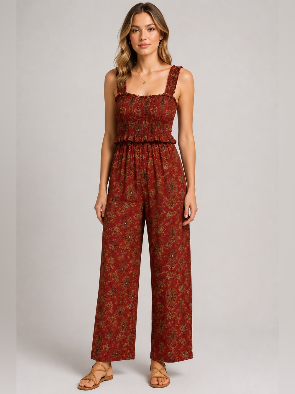Farm Rio Smocked Jumpsuit in Rust Paisley Leopard Animal Print Size G small